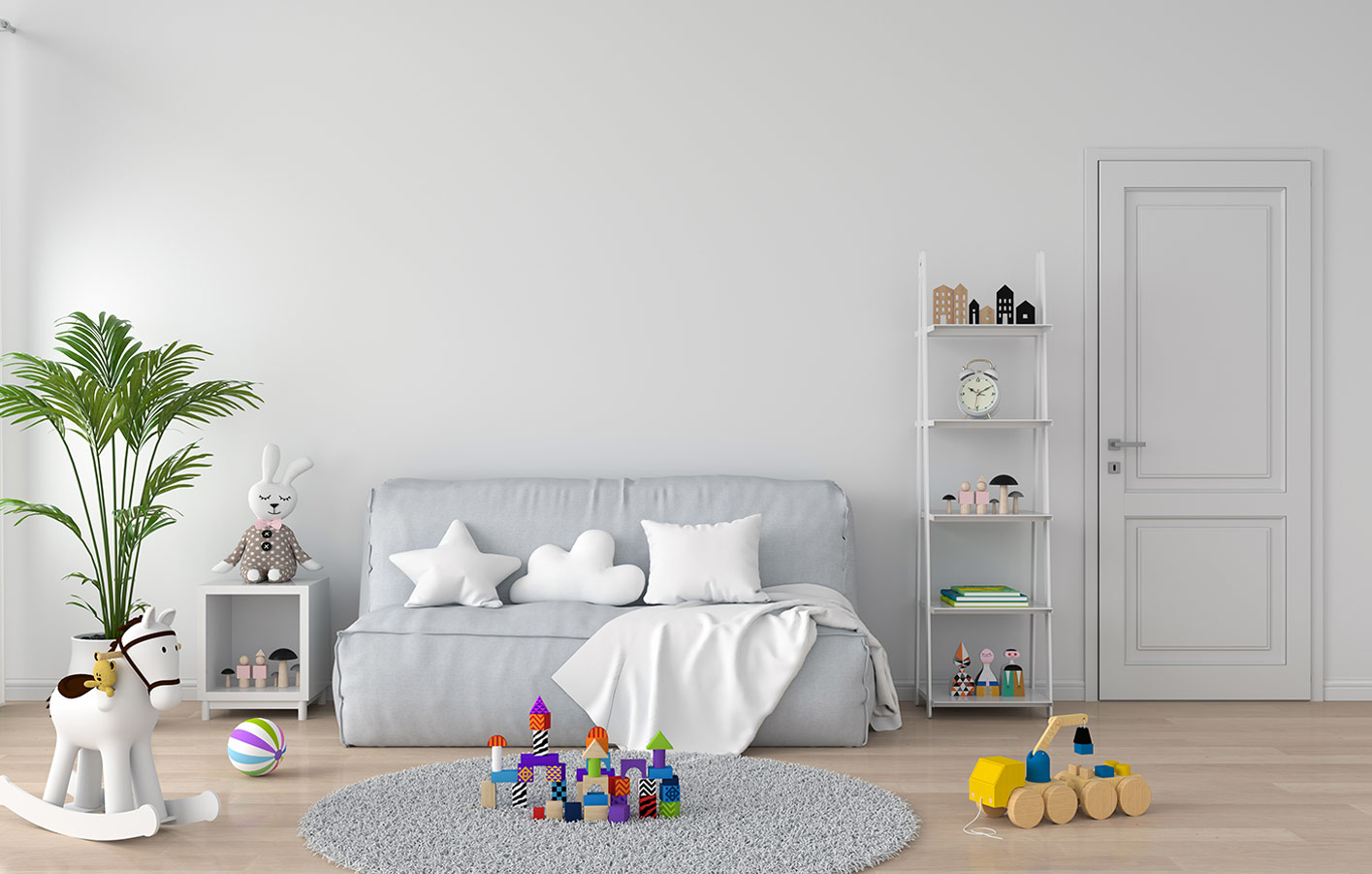 weiße Zimmertür in einem Wohnzimmer mit grauer Couch und Kinderspielzeug auf dem Boden